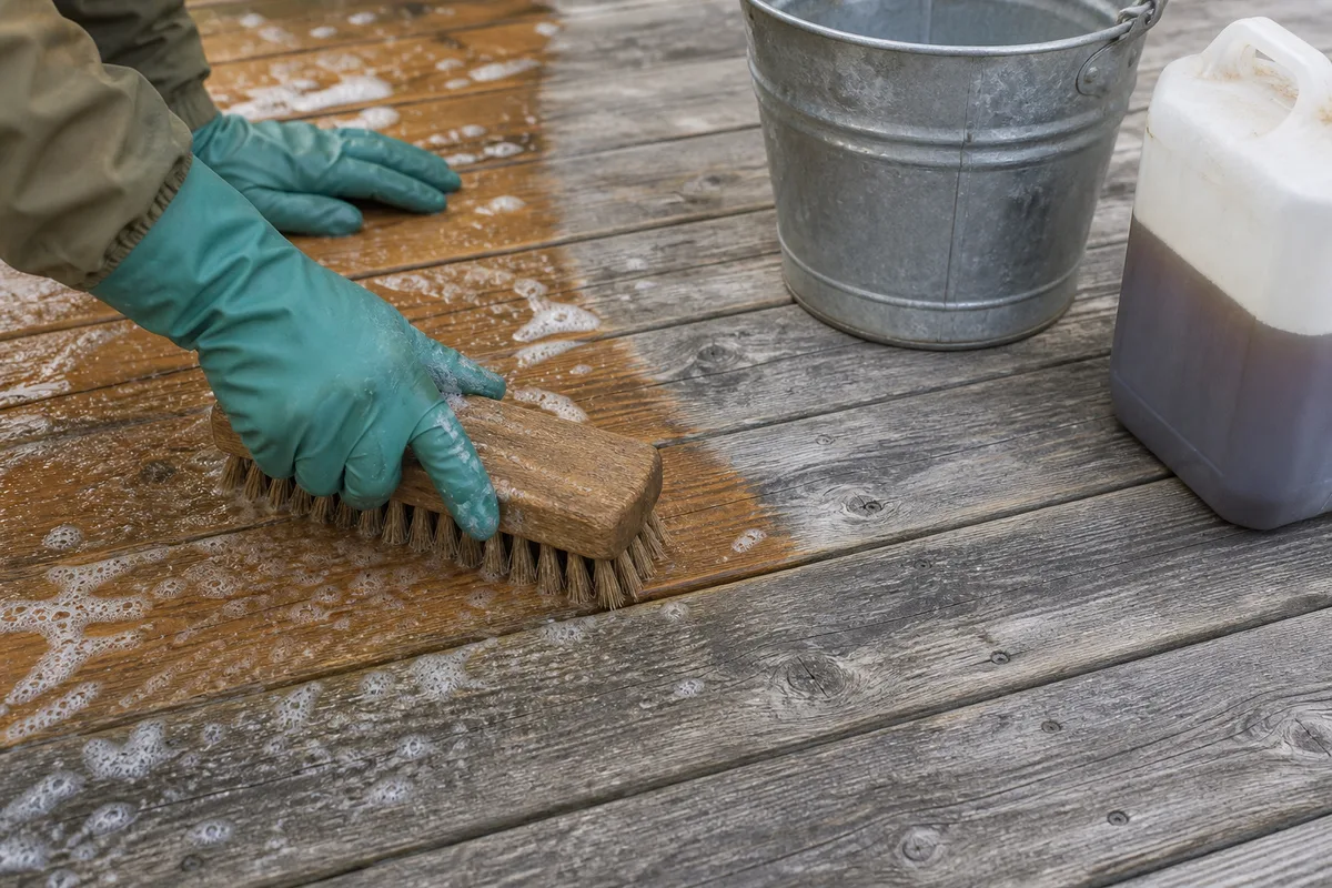 Nettoyage d’une terrasse en bois à la brosse et au savon noir