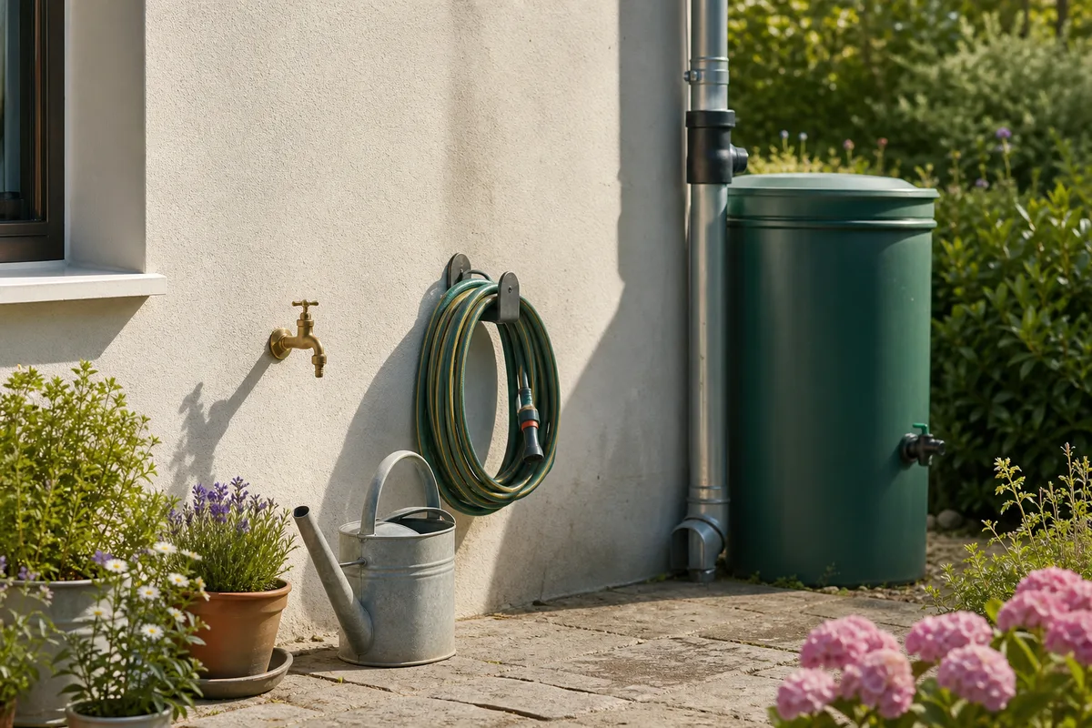 Robinet extérieur mural avec arrosoir et récupérateur d’eau de pluie