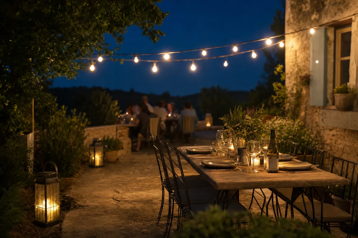 Terrasse éclairée le soir par une guirlande guinguette et des lanternes