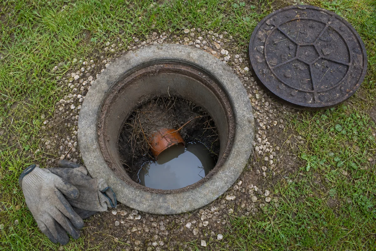 Regard de visite ouvert dans un jardin, tuyau d&rsquo;évacuation en PVC apparent et terre humide autour