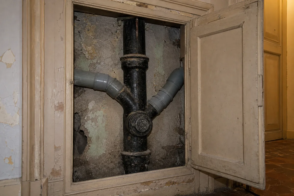 Colonne d&rsquo;évacuation en fonte dans une gaine technique d&rsquo;immeuble ancien, trappe de visite ouverte