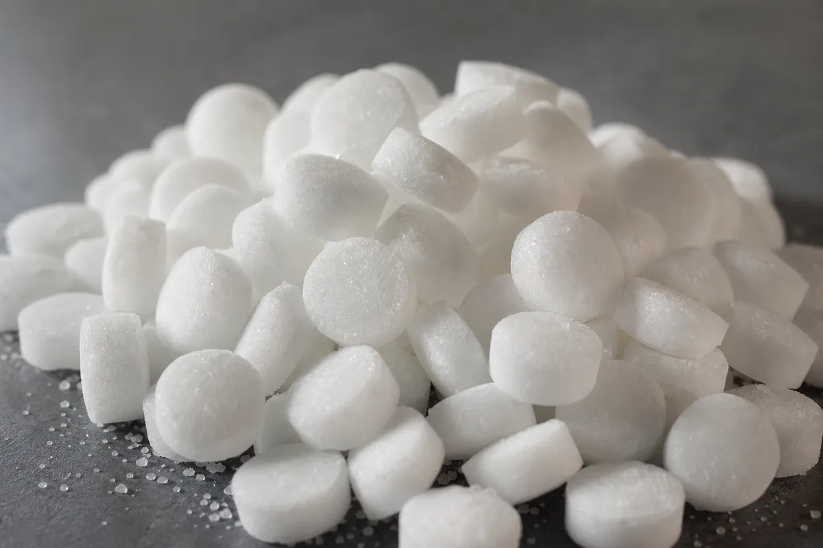 Pastilles de sel blanches en vrac vues de près sur une surface sombre