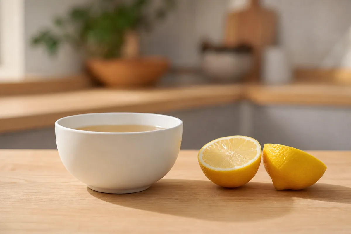 Bol de vinaigre blanc et demi-citron posés sur un plan de travail de cuisine