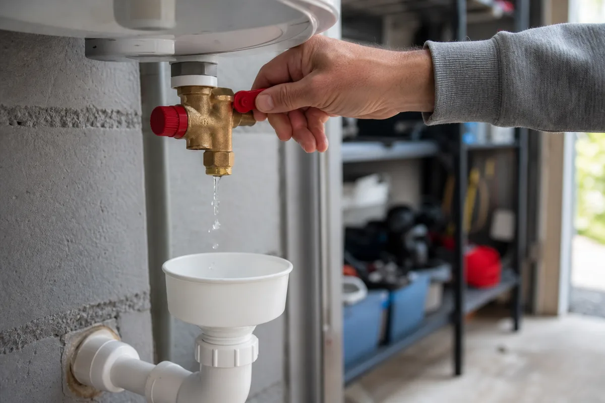 Main manœuvrant la manette rouge d’un groupe de sécurité au-dessus d’un siphon PVC