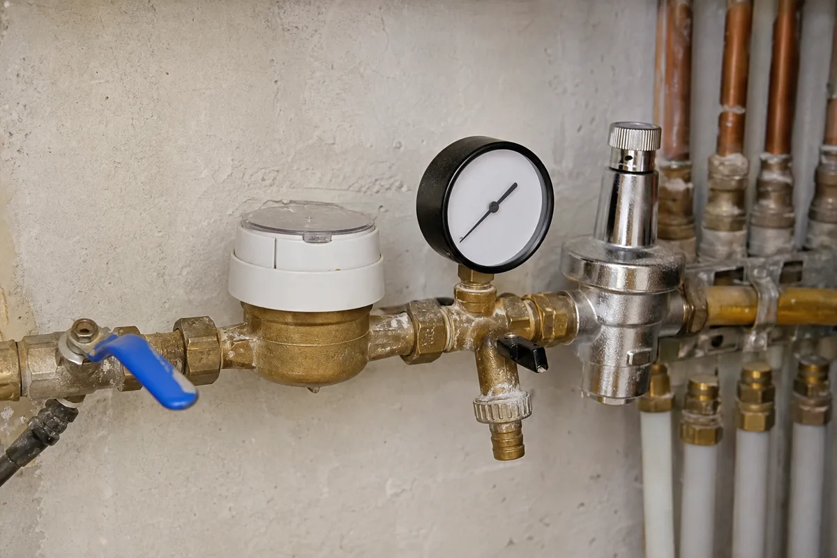 Manomètre et réducteur de pression en laiton installés près d’un compteur d’eau