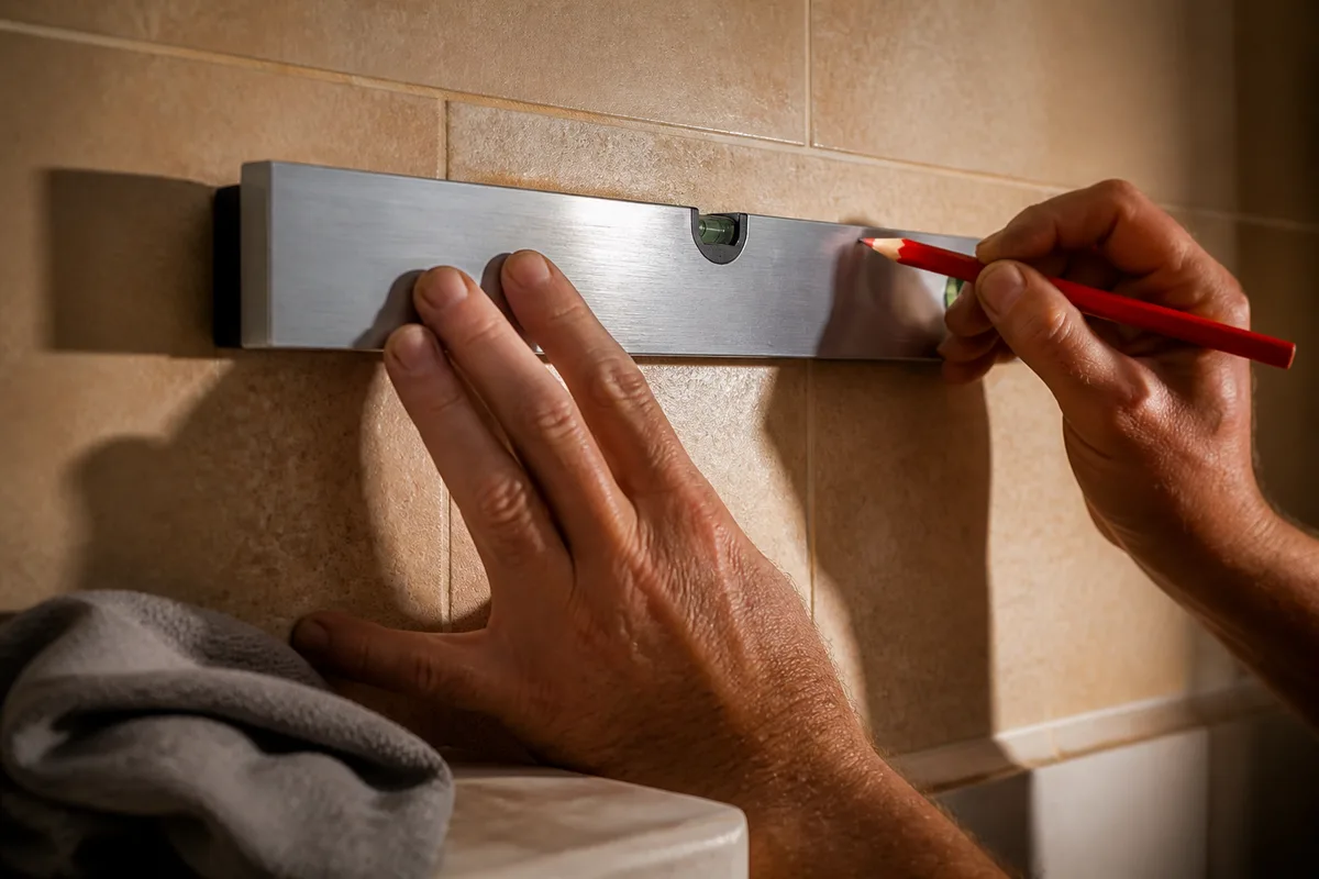 Traçage au crayon et niveau à bulle sur un mur carrelé de toilettes avant fixation