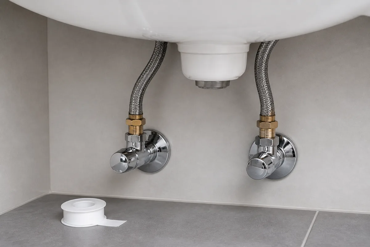 Robinets d’arrêt et flexibles souples raccordés sous une petite vasque murale en céramique