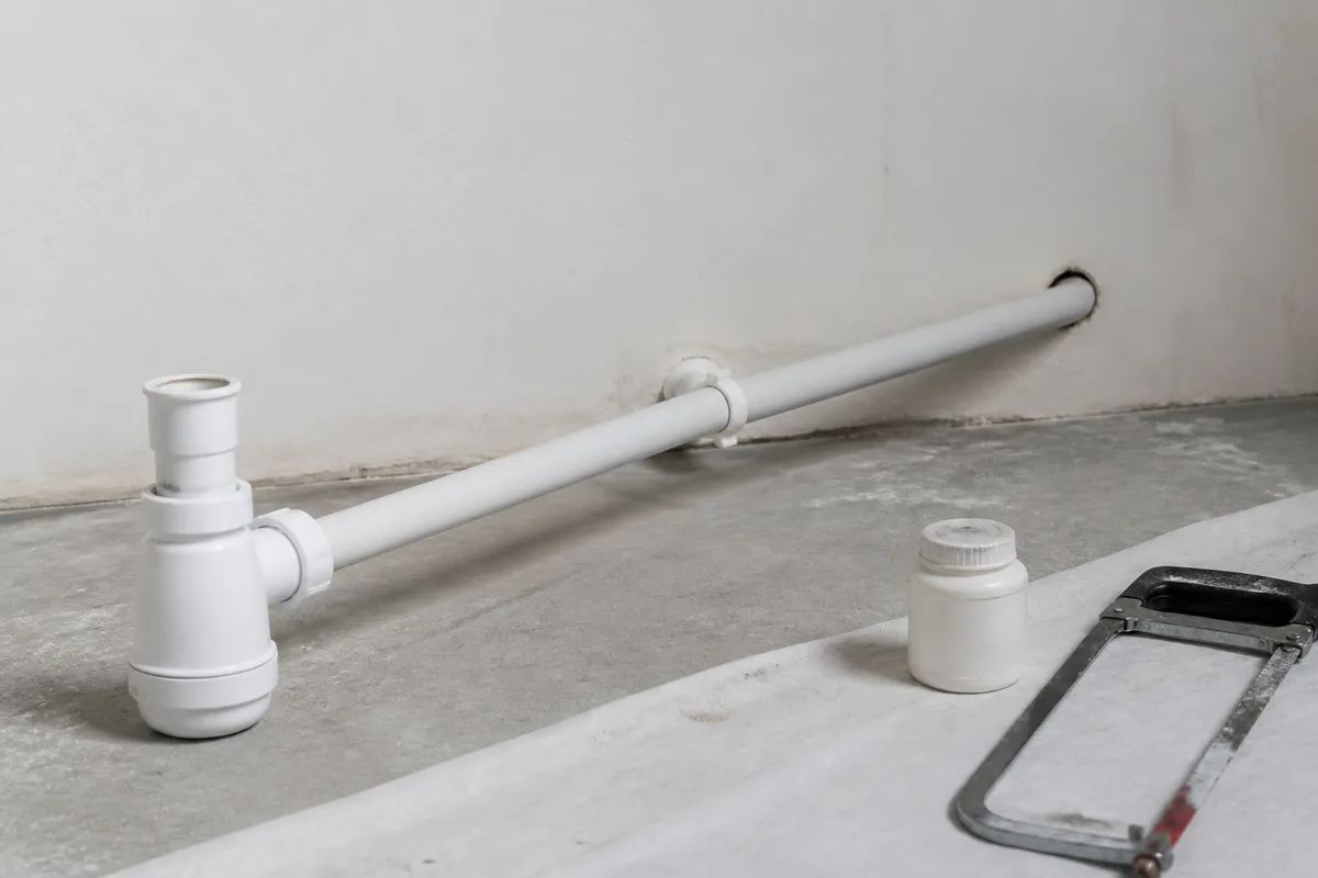 Tube PVC blanc raccordé à un siphon sous une vasque, pente régulière vers le mur