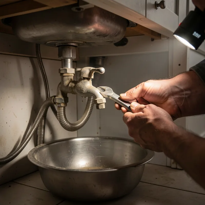 Dépose de l’ancien robinet de cuisine sous l’évier à la clé à molette