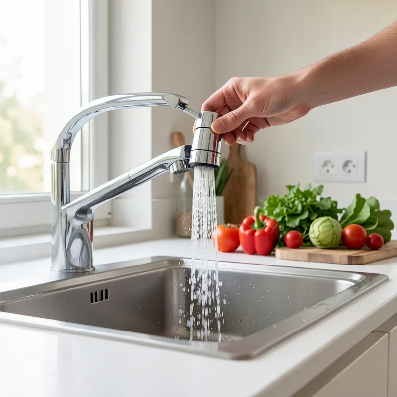 Test du jet d’eau après installation d’un mitigeur de cuisine avec douchette