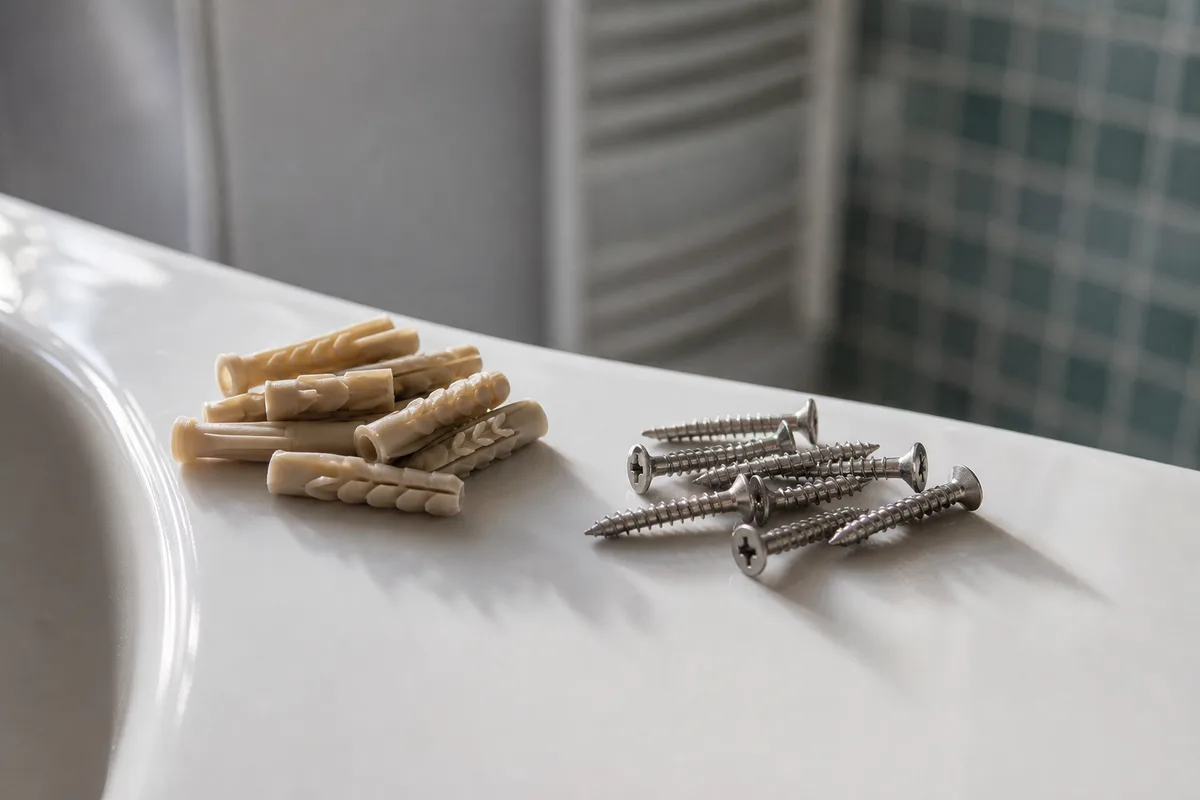 Chevilles en nylon et vis inox posées sur une tablette de lavabo carrelée