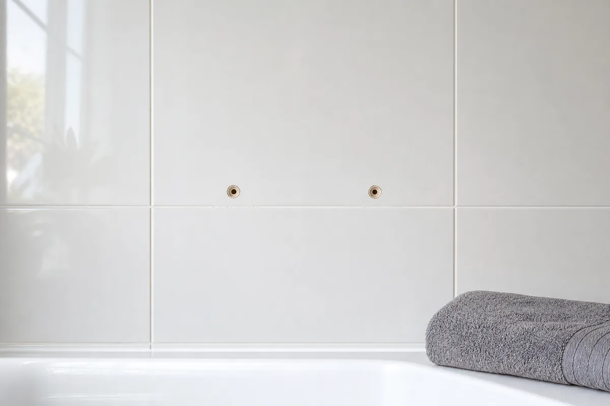 Porte-serviettes chromé fixé sur un mur de faïence blanche de salle de bain