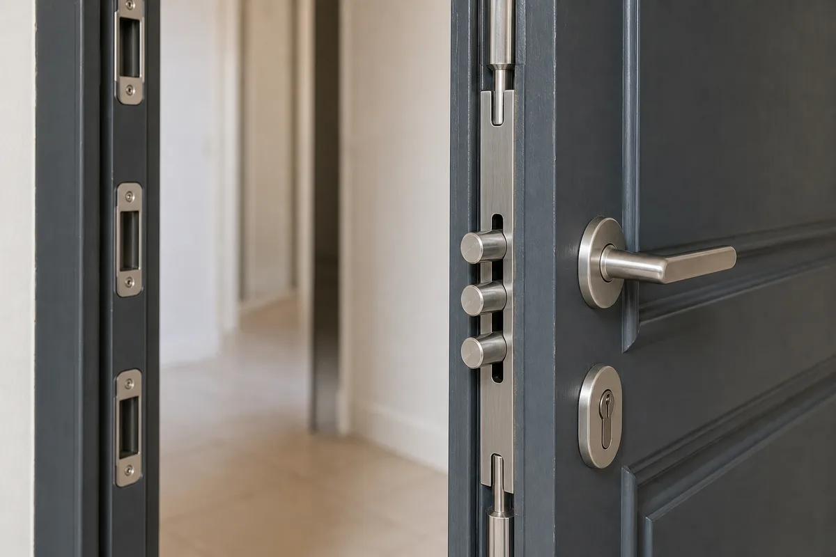 Serrure multipoint et ses pênes visibles sur le chant d’une porte d’entrée entrouverte