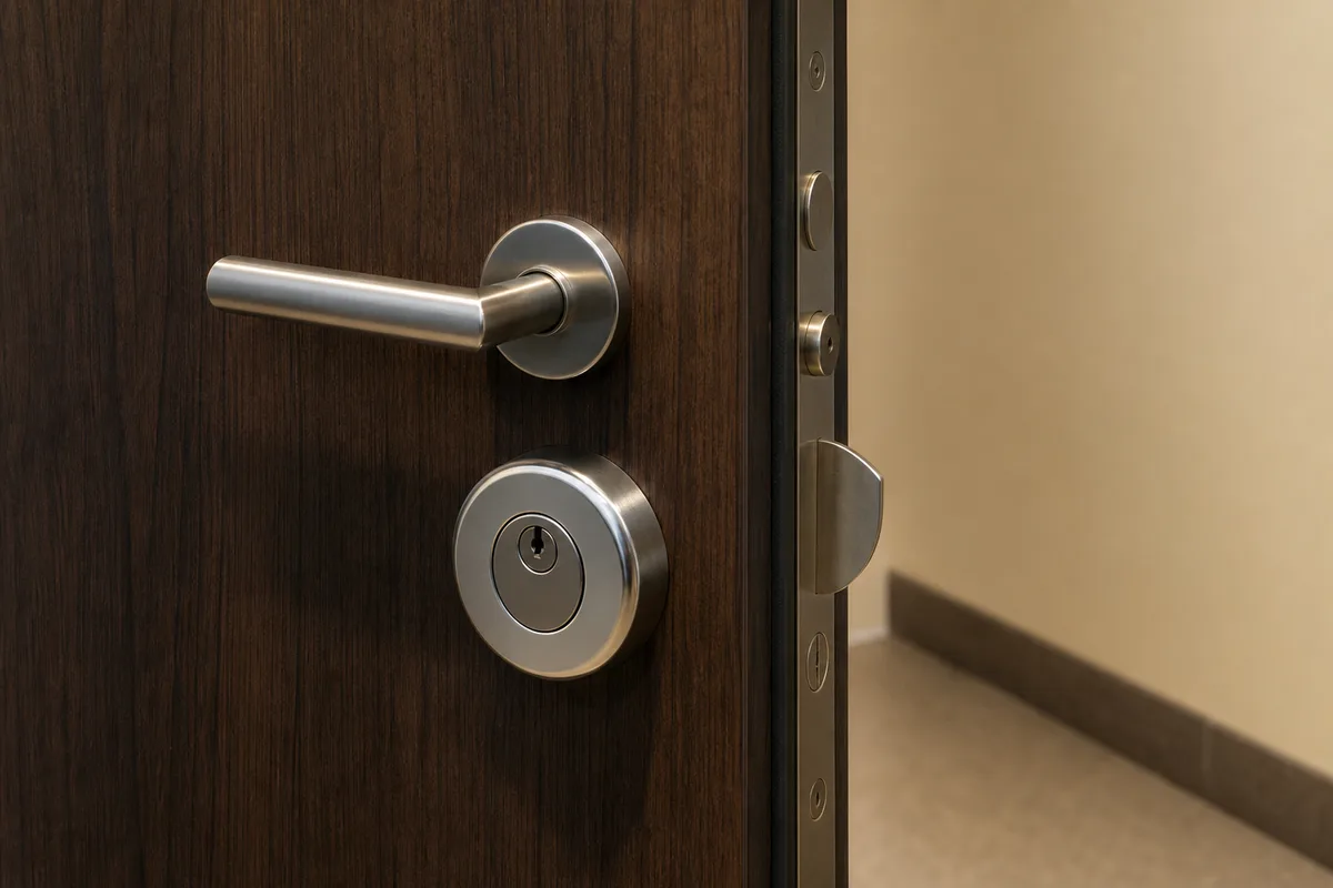 Protecteur de cylindre en acier et poignée inox montés sur une porte d’entrée blindée