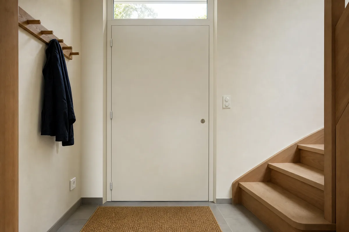 Entrée d’un logement français vue de l’intérieur avec porte fermée et verrou supplémentaire