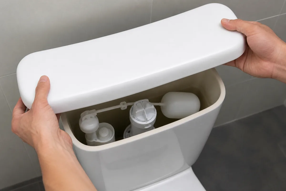 Mains d&rsquo;adulte ouvrant le couvercle d&rsquo;un réservoir de toilettes