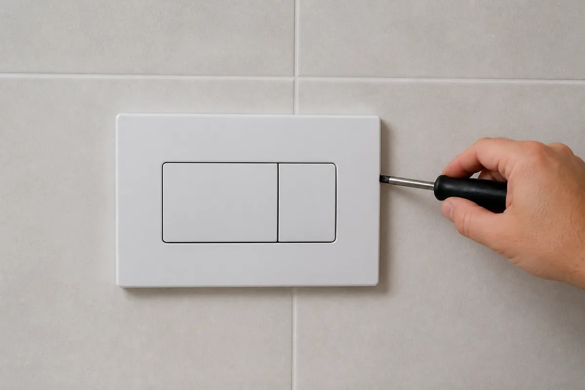 Plaque de commande blanche d&rsquo;un WC suspendu sur un mur carrelé